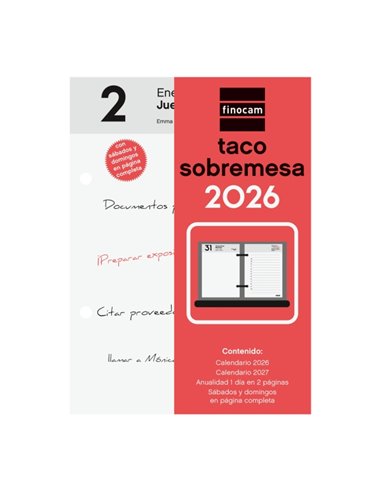 Finocam Taco de Sobremesa - Annuel 2026 - 85x35x120mm - Sobremesa - Couleur Blanc et Rouge
