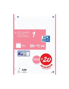 Oxford School Recambio A4 120 Feuilles Cuadricula 5x5mm - 4 Taladros - Banda de Couleur Rose