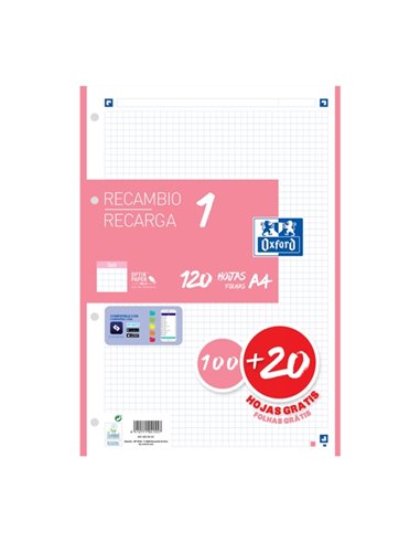 Oxford School Recambio A4 120 Feuilles Cuadricula 5x5mm - 4 Taladros - Banda de Couleur Rose