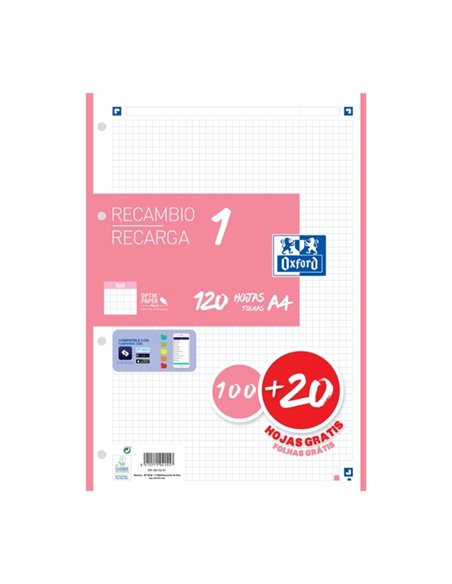Oxford School Recambio A4 120 Feuilles Cuadricula 5x5mm - 4 Taladros - Banda de Couleur Rose
