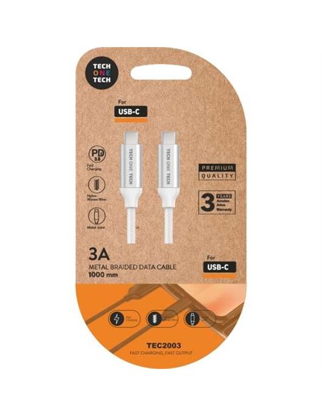TechOneTech Câble USB-C PD 3.0 Mâle à USB-C Mâle 1m - Recubierto de Nylon Tressé