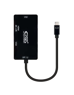 Nanocable Conversor USB-C à SVGA / DVI / HDMI - 3 en 1. USB-C/M-VGA/H-DVI/H-HDMI/H 4K - 10 cm - Couleur Noir