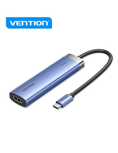 Vention T6E Hub USB-C 5 en 1 - Transfert 5 Gbps - Écran 4K - Charge rapide 100W - Couleur Bleu