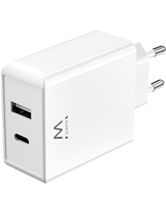 Ewent EW1328 Cargador GaN Universal de Pared 45W Ultrarapido - 1x USB-C PD & PPS, 1x USB-À QC - Couleur Blanc
