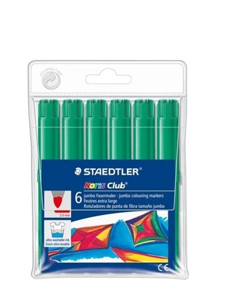 Staedtler Noris Jumbo 340 Pack de 6 Feutres Jumbo - Pointe de Fibre - Trait 3mm - Couvercle Ventilada - Couleur Vert