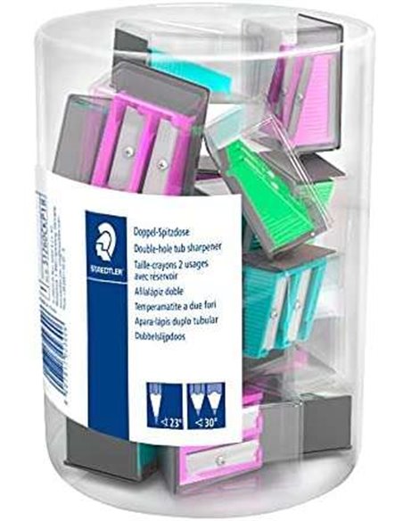 Staedtler Présentoir Avec 18 Sacapuntas de Plastico - 2 Agujeros - Angulo de Afilado 23° et 30° - Couleurs assorties