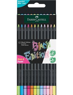 Faber-Castell Black Edition Pack de 12 Lapices de Couleurs Neon+Pastel - Mina Supersuave - Bois Negra - Ideales Pour Dibujo sobr