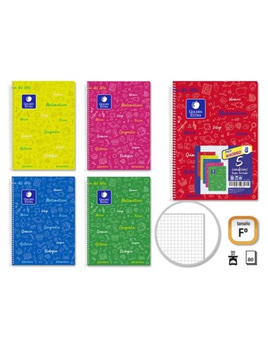 Golden Pack de 5 Cuadernos Folio 80 Feuilles 90gr Cuadricula 4x4 - Résistant - Idéal Pour Estudiantes - Couvercle Forrada - Coul