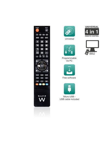 Ewent Control Remoto 4 en 1 Universal - Programable Avec Câble Micro USB et PC - Couleur Noir