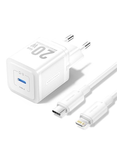 Vention Cargador de Pared GaN USB-C 20W - Câble USB-C à Lightning 1m - Couleur Blanc