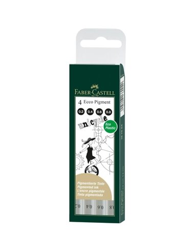 Faber-Castell Ecco Pigment Pack de 4 Feutres Calibrados 0.2, 0.4, 0.6, 0.8mm - Pointe Engastada en Metal - Encre Pigmentada Rési