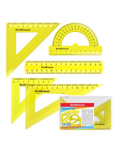 Erichkrause Pack de 5 Reglas de Dibujo - Règle de 15cm - Escuadra de 7cm/45º, 9cm/45º, 13cm/60º - Transportador de 180º/10cm - C