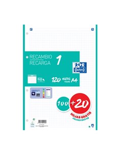 Oxford School Recambio A4 120 Feuilles Cuadricula 5x5mm - 4 Taladros - Banda de Couleur Ice Mint