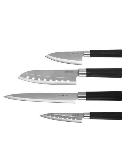 Cecotec santoku Pack de 4 Cuchillos Profesionales - Feuille de 2mm de Grosor - Acier Inoxydable Avec Base de Carbono - Mango Erg