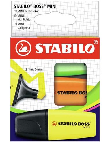 Stabilo Boss Mini Pack de 3 Marcadores Mini Fluorescentes - Trait entre 2 et 5mm - Encre Avec Base de Eau - Antisecado - Couleur