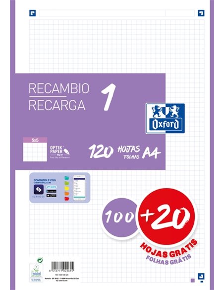 Oxford School Recambio A4 120 Feuilles Cuadricula 5x5mm - 4 Taladros - Banda de Couleur Lila