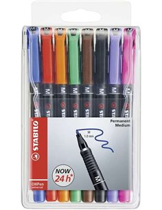 Stabilo OHPen Pack de 8 Feutres Permanentes - Pointe Media - Trait de 1mm - Agarre Antidérapant - Tapon Ventilado - Couleurs ass