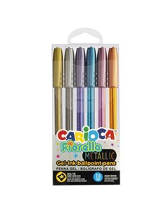 Carioca Fiorella Metallic Pack de 6 Boligrafos de Couleurs Encre Gel - Pointe de Bola 1mm - Corps Transparent - Couleurs Metalic