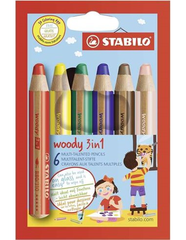 Stabilo Woody 3 en 1 Pack de 6 Lapices de Couleurs - Crayon de Couleur, Cera et Acuarela, Todo en Un - Mina XXL 10mm - Couleurs 