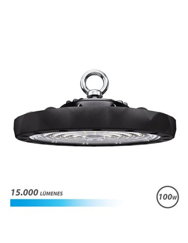 Elbat Lampara LED UFO de Techo - Potencia: 100W - Lumenes: 15000 - Luz Fria: 6500K - Ac 100-240V - Diametro: 24,9cm - Angulo Rég