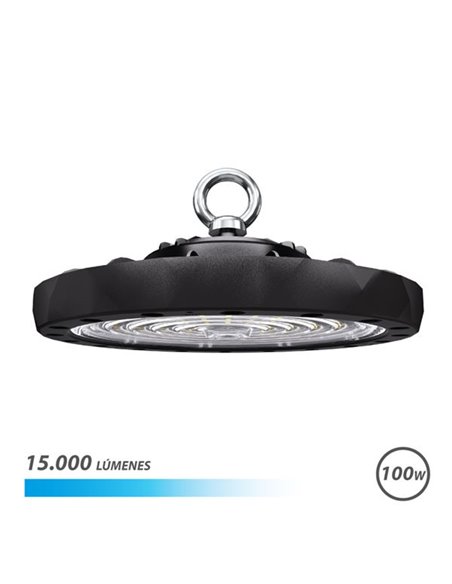 Elbat Lampara LED UFO de Techo - Potencia: 100W - Lumenes: 15000 - Luz Fria: 6500K - Ac 100-240V - Diametro: 24,9cm - Angulo Rég