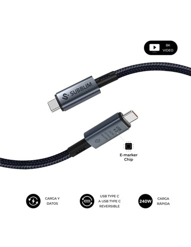 Subblim Câble High USB-C - 240W - Nylon Tressé - 40Gbps - Chip E-Marker - 1.5 Metros - Couleur Noir