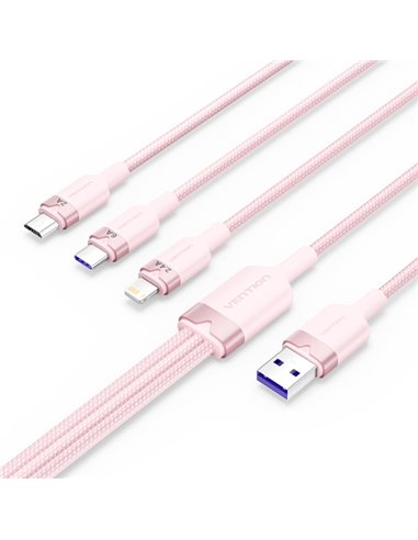 Vention Câble USB-À 2.0 à USB-C, Lightning, Micro-B 6A - 1.5m - Tressé - Couleur Rose