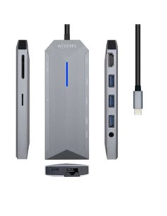 Aisens Dock 9 en 1 Hub USB-C 3.0 Avec 3x USB-À 3.0, 1x HDMI 1x RJ45, 1x PD 100W, 1x Audio 3.5mm, 1x Lector SD, 1x Lector MicroSD