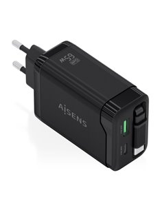Aisens Cargador GAN 65W - 1xUSB-C PD3.0 et 1xUSB-À QC3.0 + Câble USB-C Retractil - Couleur Noir
