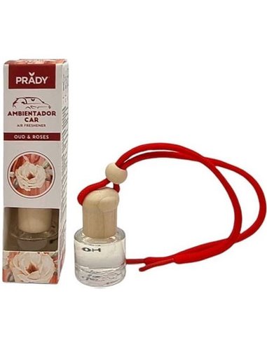 Prady Ambientador Coche OUD & Rose - Flacon de Cristal 6 ml et Cuerda Pour Espejo Retrovisor