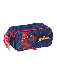 Safta Spider-Man Trousse - 3 Compartiments Avec Cremalleras - Poche avant - Ruban Adaptable - 1.72L - 215x80x100mm - Couleur Ble