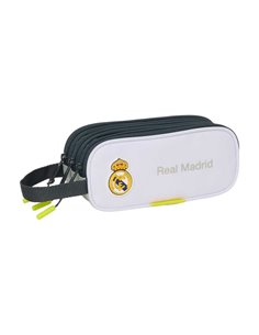 Safta Real Madrid Étui Trousse de 1.25L - 3 Compartiments - Anse de Mano - Fermeture zippée - 21x8.5x7cm - Couleur Blanc et Noir