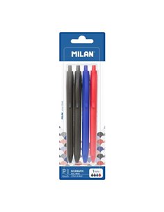 Milan P1 Touch Pack de 4 Boligrafos de Bola Retractiles - Pointe Ronde 1mm - Encre Avec Base de Aceite - Escritura Doux - 1.200m