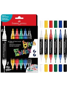 Faber-Castell Shake & Paint Black Edition Pack de 6 Feutres Acrilicos Double Pointe - Puntas Redondas de 1mm et 3mm - Encre Acri