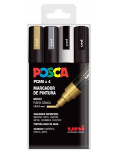 Posca PC-5M Pack de 4 Marcadores de Pintura - Pointe de Bala 1.8-2.5mm - Encre Base al Eau - No Permanent - Résistant à la Luz -