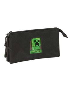 Safta Minecraft Trousse - 3 Compartiments Avec Cremalleras - Poche Intérieur - 0.6L - 220x30x120mm - Couleur Noir