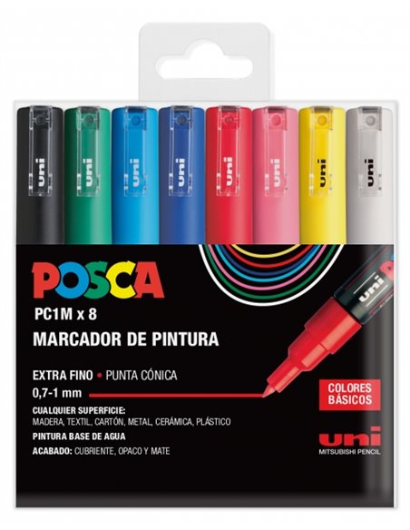 Posca PC1M Pack de 8 Marcadores de Pintura - Pointe Conica 0.7mm - Encre Base al Eau - No Permanent - Résistant à la Luz - Inodo