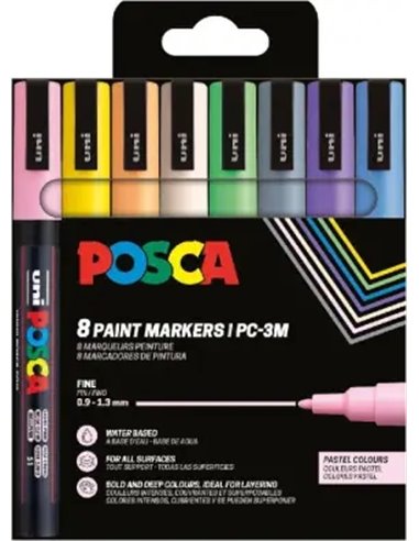 Posca PC3M Pack de 8 Marcadores de Pintura - Pointe Conica 0.9-1.3mm - Encre Base al Eau - Résistant à la Luz - Idéal Pour Carte