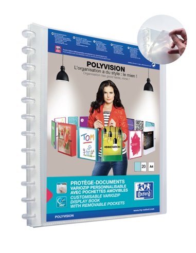 Oxford Polyvision Variozip A4+ Chemise de 20 Fundas Removibles - Couvercle de Plastico Personalizable - Organizacion et Protecti
