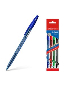Erichkrause Pack de 4 Boligrafos R-301 Original Stick 07 - Pointe de 07mm - Encre de Séchage rapide - Corps Hexagonal Avec Grip 