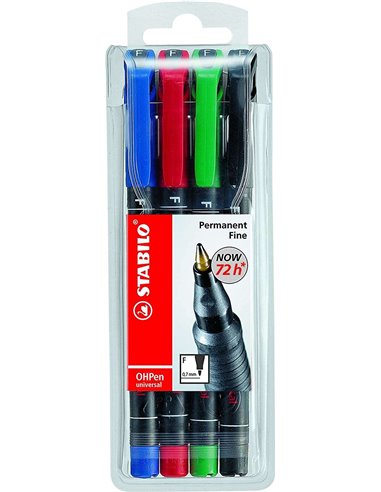 Stabilo OHPen Pack de 4 Feutres Permanentes - Pointe Fina - Trait de 0.7mm - Agarre Antidérapant - Tapon Ventilado - Couleurs as