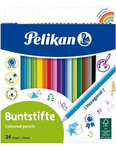 Pelikan Boîte de 24 Lapices de Couleurs Hexagonales Lacados - Mina Antirotura - FSC