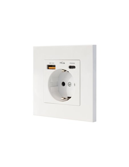 Nanocable Roseta Base de Enchufe de Pared Empotrable Tipo Schuko - 1xUSB-À QC 3.0, 1xUSB-C PD - 3.4A - Couleur Blanc