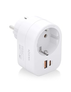 Aisens Regleta de Pared Multifuncion Avec 1 Toma + 1xUSB-C 20W PD3.0 - 1xUSB-À 20W QC3.0 - Couleur Blanc