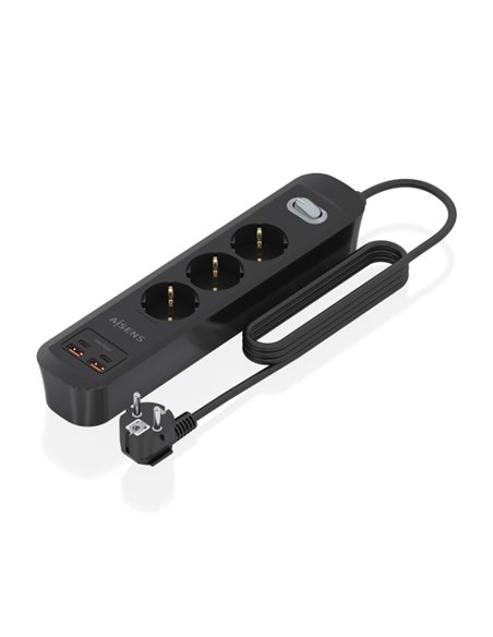 Aisens Regleta Avec 3 Tomas Schuko - 2xUSB-C - 2xUSB-À - Câble de 1.4m - Interruptor Avec Indicateur LED - Power Delivery - Qual