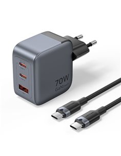 Vention Cargador de Pared - 70W - GaN - Câble de 1m Incluido - 2xUSB-C - USB-À - Charge rapide PD - Tecnologia PPS - Couleur Gri