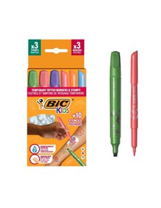 Bic Kids Tatuajes Temporales Pack de 3 Sellos + 3 Feutres + 10 Plantillas - Encre Dermatologicamente Testada et Sans Parfum - Co