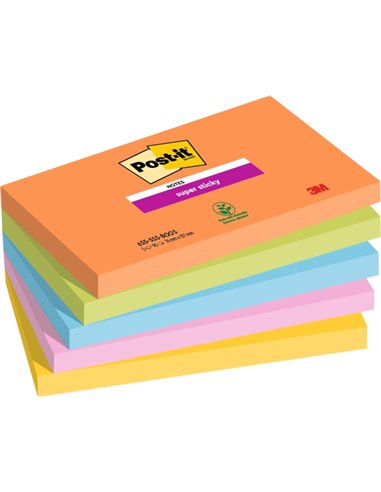 Post-It Super Sticky Pack de 5 Blocs de 90 Notas Adhesivas Reposicionables - Forma Rectangulaire - 127x76mm - Couleurs assorties