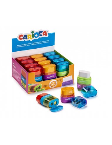 Carioca Afila-Borra Présentoir de 12 Sacapuntas Avec Goma - Double Agujero - Adapté Pour Lapices et Ceras - Tornillo de Sécurité