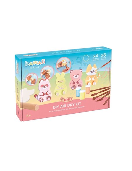 Jovi Kawaii Air Dry Kit Avec Pasta Endurecible 500gr + 4 Plantillas + Pinturas + Complementos - Facile de Moldear - Couleurs ass